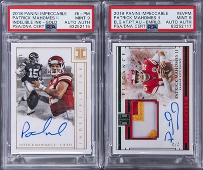 2018-2019 Panini Impeccable Patrick Mahomes II Signed Card Collection (2 Different Cards) - Including "Elegance" Jersey Patch Autograph Card /3 & "Indelible Ink" Autograph Card /10 - Both PSA MINT 9!